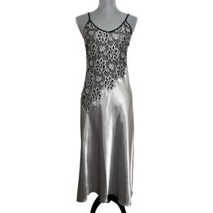 Vtg Sheer Lace Floral Silver Midi Slip Dress Medium Ethereal Fairy Grunge Prom